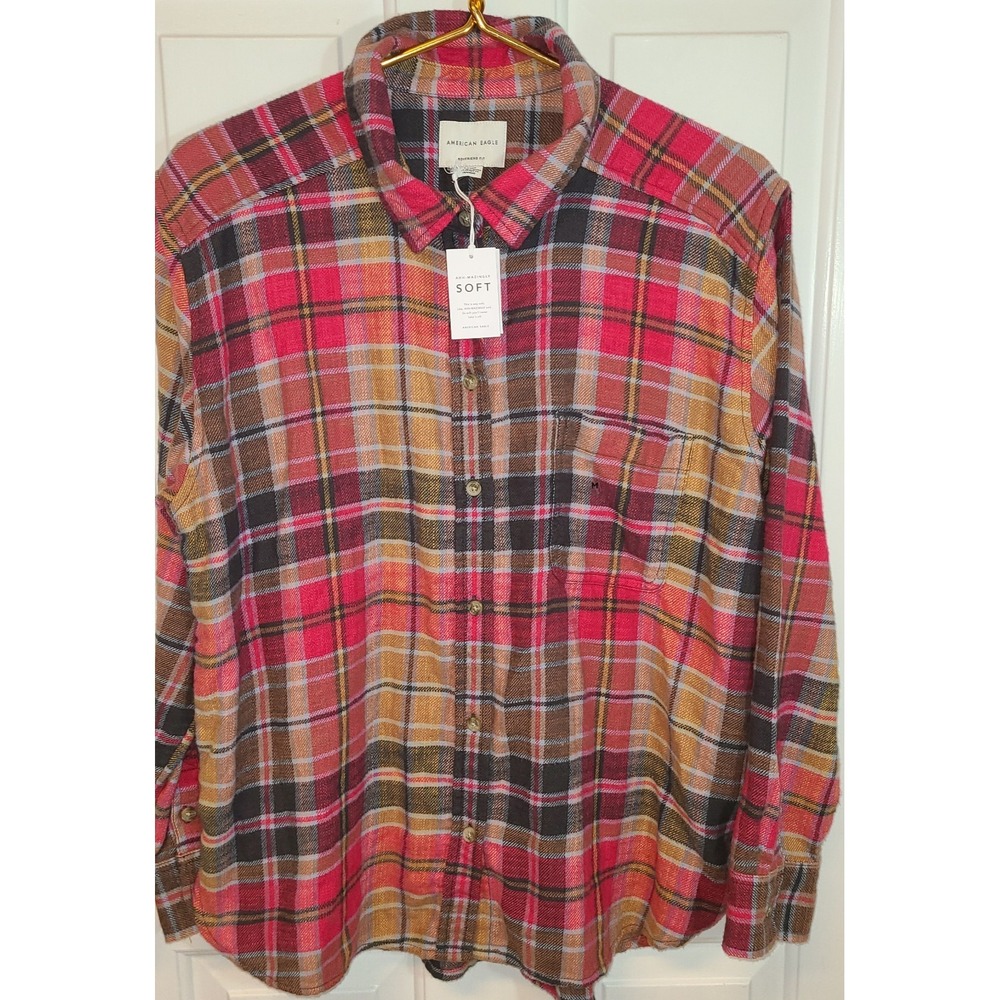 NWT AMERICAN Eagle boyfriend fit pink plaid flannel shirt Med 100% cotton Gorp